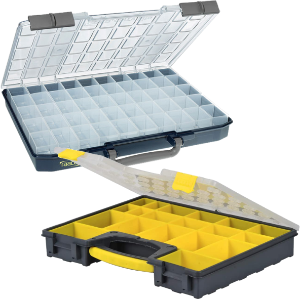 two empty organiser boxes, one with clear plastic compartments and one with yellow plastic compartments