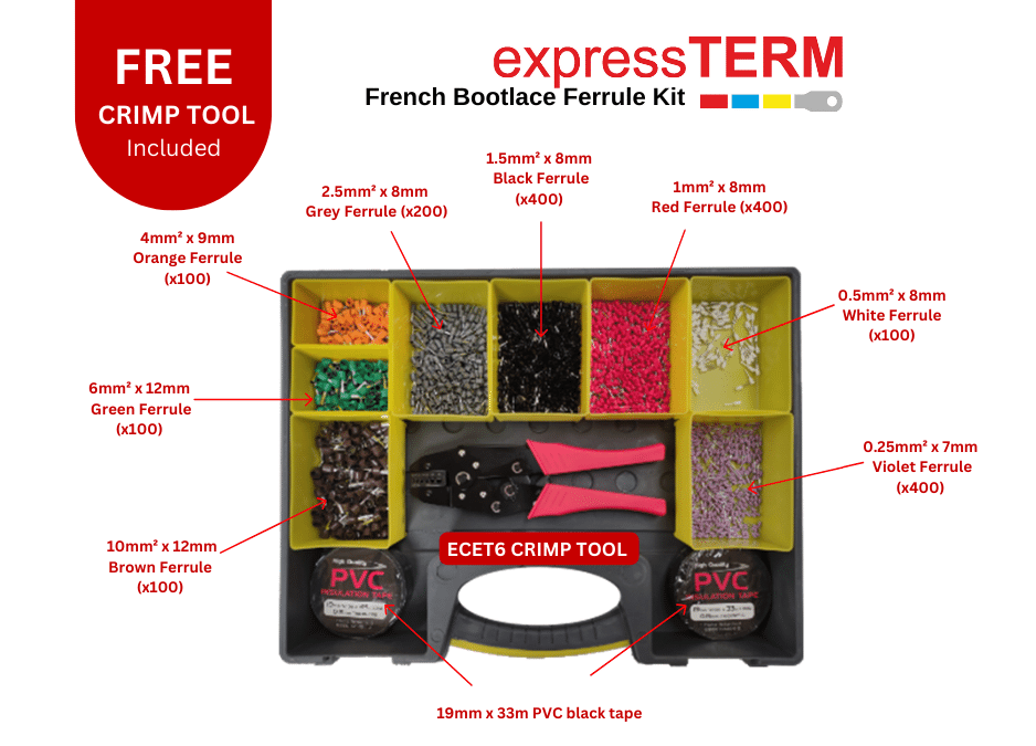 Diagram of what's included in the French Bootlace Ferrule Kit: a free crimp tool, two rolls of black PVC tape, and ferrules in 8 different colours and sizes: brown, green, orange, grey, black, red, white and violet.