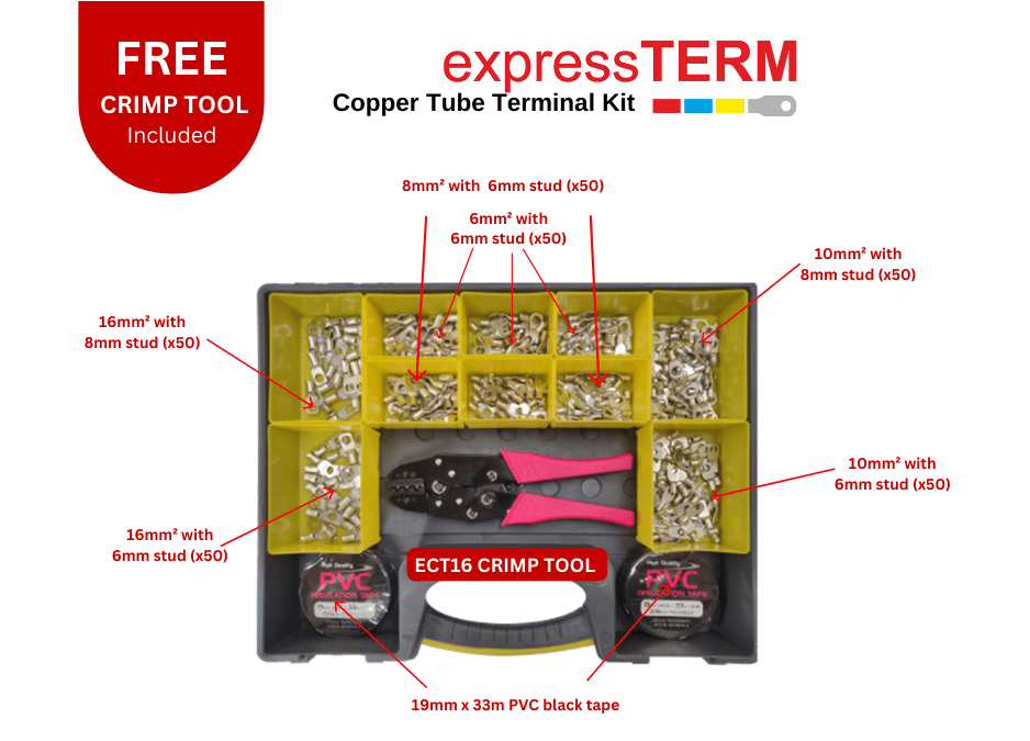 Diagram of what's included in the Copper Tube Terminal Kit: a free crimp tool, two rolls of black PVC tape, and various sizes of copper tube terminals