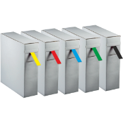 A row of 5 white boxes with a small section of different coloured heat shrink sticking out of each one: yellow, red, blue, green and black