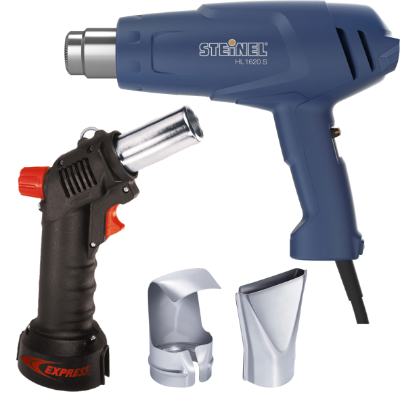 A Steinel heat gun, a cordless hot air gun and two nozzles