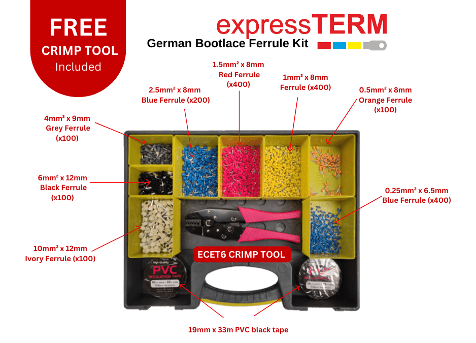 Diagram of what's included in the German Bootlace Ferrule Kit: a free crimp tool, two rolls of black PVC tape, and ferrules in 8 different colours and sizes: ivory, black, grey, blue, red, yellow, orange and blue.