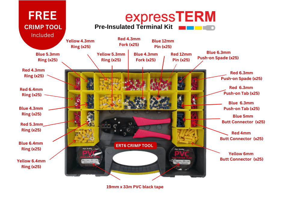 Diagram of what's included in the Pre-Insulated Terminal Kit: a free crimp tool, two rolls of black PVC tape, and various sizes and shapes of RBY pre-insulated terminal connectors.