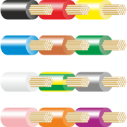 a cross-section illustration of 12 insulated wires in different colours: black, red, yellow, blue, brown, green, white, green & yellow, grey, pink, orange and purple