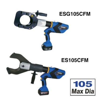 Two labelled Klauke tools with blue housing. The ESG105CFM has a closed guillotine head and the ES105CFM has an open head. The box in the corner says 